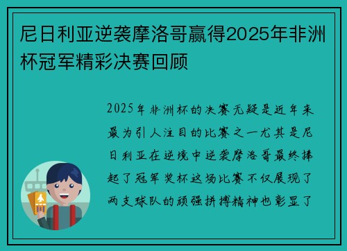 尼日利亚逆袭摩洛哥赢得2025年非洲杯冠军精彩决赛回顾